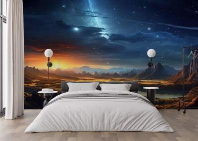 art illustration banner background panorama nature landscape with galaxy sky, Generative Ai Wall mural