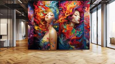 art illustration of beautiful fantasy woman rainbow hair swirl in wind portrait collection set, Generative Ai Wall mural