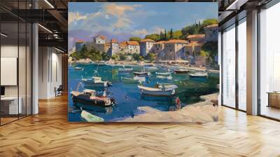 artful illustration oil painting style beautiful Tuscan coastal hill top village in summer time with many boat at shore and beautiful seascape Wall mural