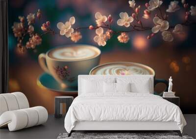 Artistic beautiful romance two cups of latte coffee or chocolate serve with cherry blossom flower branch, spring season and national spring festival theme drink, idea for background  Generative Ai Wall mural