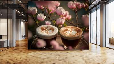 Artistic beautiful romance two cups of latte coffee or chocolate serve with cherry blossom flower branch, spring season and national spring festival theme drink, idea for background Generative Ai Wall mural