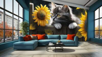 beautiful flurry little cat with sunflower , Generative Ai Wall mural