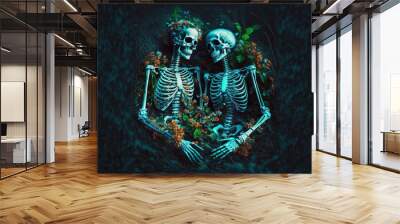 beautiful skull skeleton of lover in forest, cuddle lay on ground together with flowers and floral , idea for eternal love romantic Valentine or Halloween background, they are smiling to each other Wall mural