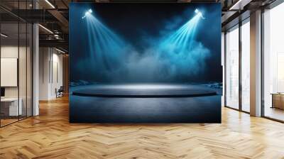 blue spotlights shine on stage floor in dark room, idea for background, backdrop, mock up, Generative Ai	
 Wall mural