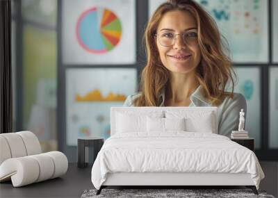 businesswoman smiling at office with graph paper chart as background  Wall mural