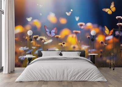 butterfly and cosmos blossom flower field with bokeh and glow light, dream like fantasy in misty morning wildflower meadow, Generative Ai Wall mural