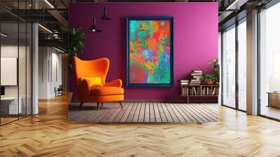 cheerful and happy mood living room idea of home decor design with colorful abstract painting art wall hanging picture, mockup idea, Generative Ai Wall mural