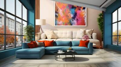 cheerful and happy mood living room idea of home decor design with colorful abstract painting art wall hanging picture, mockup idea, Generative Ai Wall mural