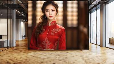 Chinese woman wearing red gold traditional China gown standing at outdoor ,  girl wearing red dress celebrate Chinese New Year, Generative Ai Wall mural