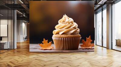 close up, fall season homemade cupcake on cutted log table, Generative Ai Wall mural