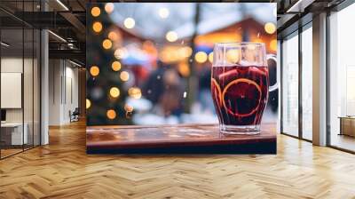 close up a glass of hot mulled wine during winter time, bokeh light background, Generative Ai Wall mural