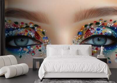 close up macro shot of woman eye with make up, carnival theme with diamond dust and flower paint, Generative Ai Wall mural