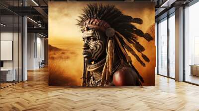 close up portrait of African tribe man wearing make up an d traditional outfit, Generative Ai not real people Wall mural