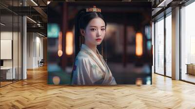 close up portrait of beautiful young Chinese woman wearing traditional clothes, Generative Ai Wall mural