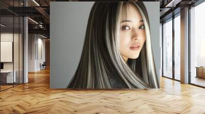 close up pretty Asian woman with straight grey hair with white highlight look elegance, professional hairstyle fashion model concept Wall mural