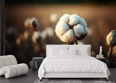 close up ripe cotton with white fiber grow on plantation, Generative Ai Wall mural