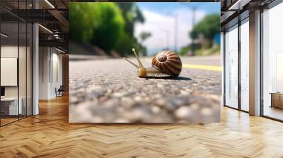 close up snail crawl on asphalt road, Generative Ai Wall mural