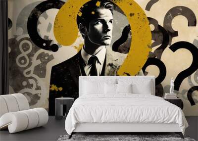 collage style illustration of a business man with question mark concept of 