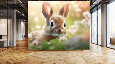 cute baby rabbit in flower field, dreamy atmosphere background wallpaper, Generative Ai Wall mural