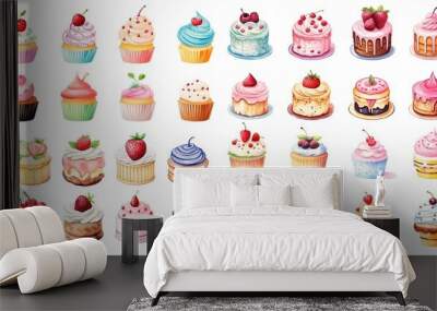 cute cartoon cupcake collection set, isolated on white background, Generative Ai Wall mural