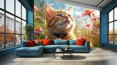 cute cat in summer flower field, Generative Ai Wall mural