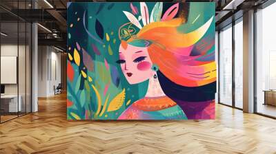 cute fairytale children book style illustration character art, cute fairytale tribal princess in forest, Generative Ai Wall mural