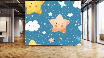 dreamy whimsical clouds and stars, seamless pattern  nursery design cartoon style illustration with grungy texture, Generative Ai Wall mural