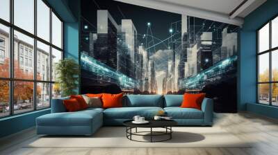 electronic web light line connect covered over urban city , street with light trail speed motion blur, concept of futurist technology infrastructure, Generative Ai Wall mural