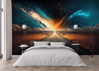 fantasy way to heaven, glitter glow starry midnight sky over the highway road to horizon, Generative Ai Wall mural