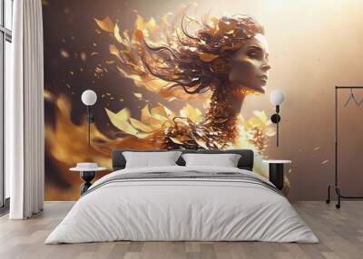 fashion style beautiful woman portrait, flower petals storm wind blow swirl motion, surreal romance fantasy atmosphere, Generative Ai Wall mural