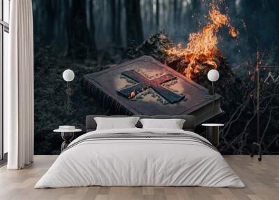 fire flame on holy bible book with nature background, idea for bible destroy or holy spirit represent as fire on the book  Wall mural