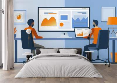 flat design style illustration of two people working together on computer with big screen showing analysis chart Wall mural