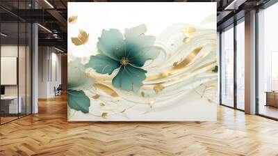 flower leaf branch sculpture style illustration in gold green white ceramic tone color, Generative Ai Wall mural