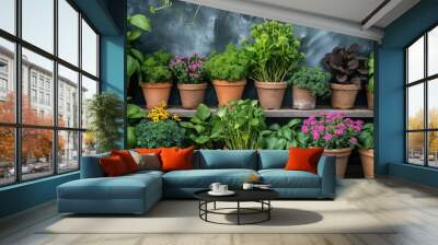 flower pot against sunlight, home backyard springtime flower bed gardening concept, tranquil sustainable, generative Ai Wall mural