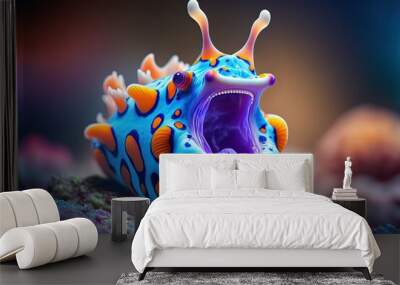 funny illustration of sea creature Nudibranchs, commonly known as sea slug, it is freak out and screaming , funny, fun, Wall mural