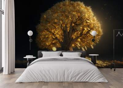 golden gold coin tree has coins as leaves that fall on ground, idea for limitless income, wealth and prosperity, rich and successful business growth, Generative Ai Wall mural