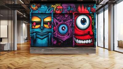 graffiti on wall cartoon design, funny face and alien things, Generative ai Wall mural