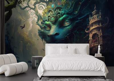 green basilisk in ancient fairy wood, adventurous theme background wallpaper, Generative Ai Wall mural