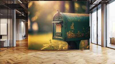 green  mailbox with nature blur background, Generative Ai Wall mural