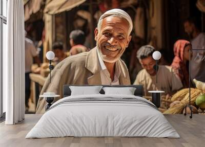 happy smiling middle age Middle East man at old city market, Generative Ai Wall mural