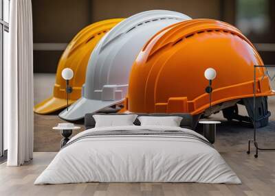 hard cap head protection helmet place in row on ground,  safety first and professional concept, Generative Ai Wall mural