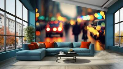 illustration abstract background of city street at night time with bokeh light from street light and car  Generative Ai Wall mural