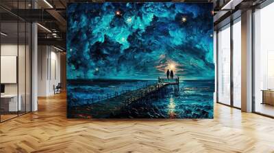 illustration beautiful seascape with glitter glow starry sky in night time, idea for background wallpaper Generative Ai	 Wall mural