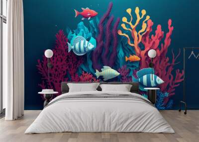 Illustration in paper cut craft style of Beautiful underwater sea or ocean scene at night time with fish, seashell, seaweed glow light , moon Wall mural