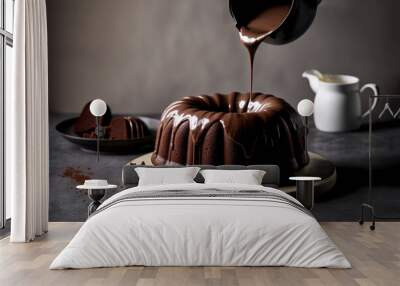 illustration of a bundt cake , chocolate cake with melted chocolate pouring from top Wall mural