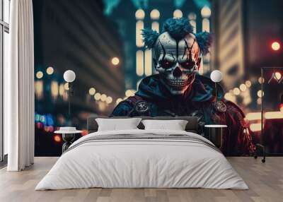 illustration of a evil clown wearing evil makeup scary face look at you with urban cityscape background Wall mural