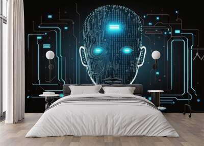 illustration of a futuristic robot with cybermatic system design character with glow light, idea concept for Artificial Intelligent , the future and development of Ai. Generative Ai Wall mural