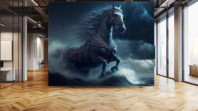 illustration of beautiful black horse, galloping, on ocean wave Wall mural