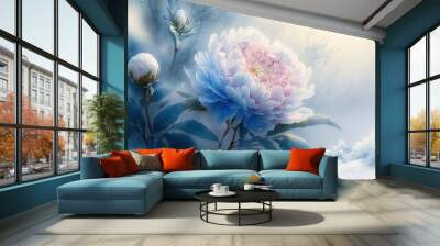 illustration of blossom pink rose flower covered with snow, snow fall, Wall mural