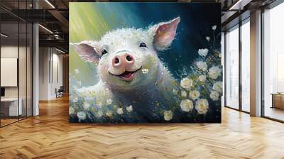 illustration of cute animal smile face in spring flower gardens, idea for children room wall decor or animal wallpaper, pig, Generative Ai Wall mural